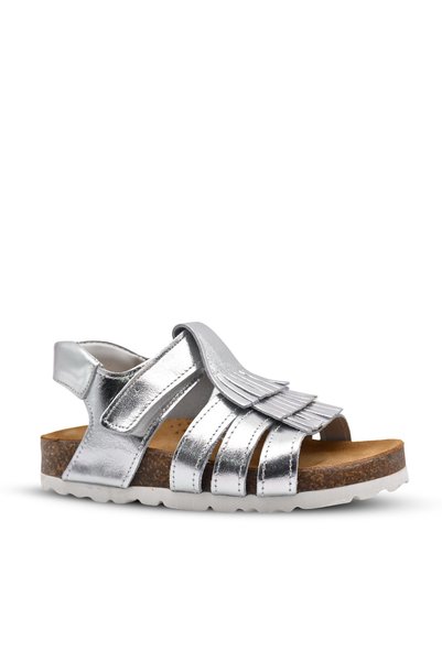 kids A more Loren Single Velcro Tasseled Leather Girl's Sandals Silver