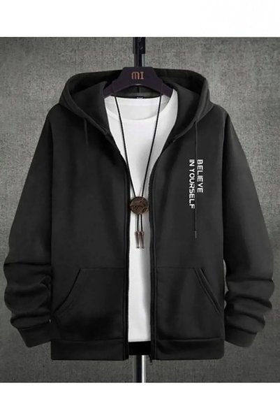 LOTS MODA Cardigan - Black Printed Winter Oversized Hooded Zippered Pocketed ...