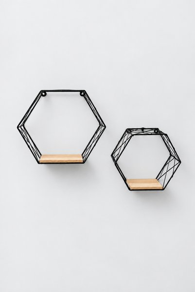 BLACK Set 2 Rafturi Hexagonale pentru Perete BLACK, Metal și MDF
