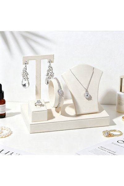 Choice Beige Jewelry Display Set, White Linen Texture Necklace Earring Ring D...