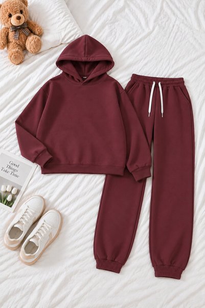 CansınMini Burgundy Girls' Long-Sleeve Sweatsuit Set with Elasticated Hem, Br...