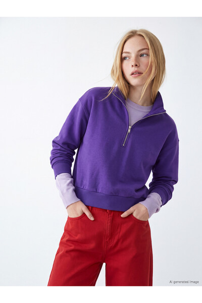 LC Waikiki Alita City Farkıyla Xside Purple High Neck Women's Thick Sweatshirt