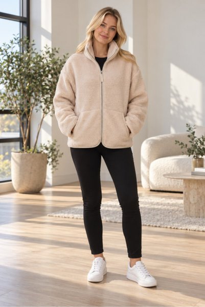 Focus Light Women's Honey-Colored Zipper-Front Mock Neck Teddy Plush Jacket