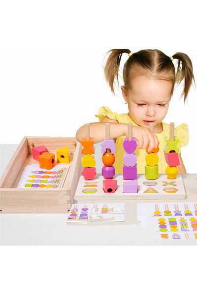 Generic Montessori Wooden Beads Sequencing Toy, Stacking Block & Shape Stacke...