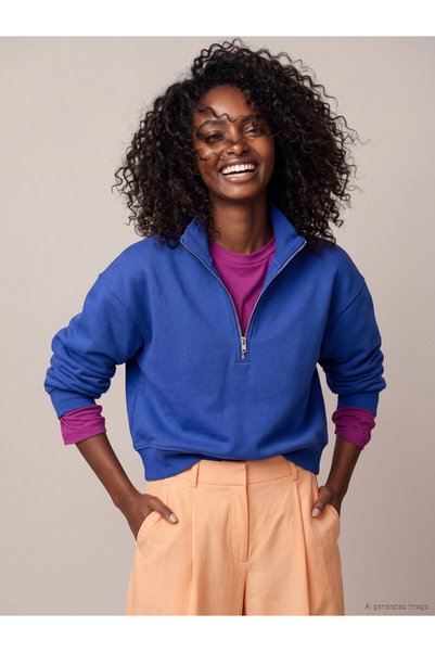 LC Waikiki Alita City Farkıyla Xside Blue High Neck Women's Thick Sweatshirt