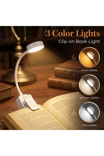 Choice 3 Color Light LED Clip On Book Light USB Charging Dimmable 3Color Mode...