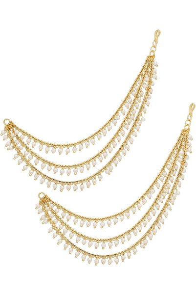 Generic Brass copper Gold kanchain 3 layer long bridal wedding ear kan chain ...
