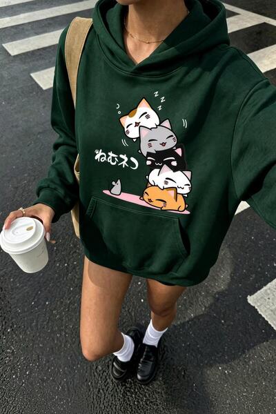 Oksit Sw Anime Cat-Print Oversized Sweatshirt, Women's Hooded Top with Brushe...