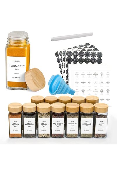 Generic 12 Pcs Spice Jars with Labels - 4 oz Glass Spice Jars with Bamboo Lid...