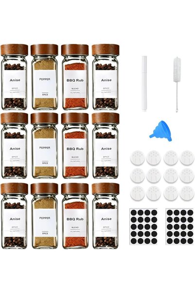 Generic 12 قطعة من أوعية التوابل الزجاجية مع ملصقات، سعة 4 أونصات (120 مل)، ح...