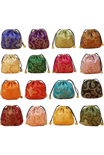 Generic 32 pcs Drawstring Bags, in Mimosa leaf Pattern Brocade fabric, Silk B...