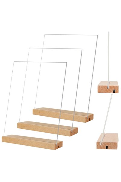 EXCEFORE A4 Acrylic Sign Holder, 3 Pack L Shape Acrylic Frames with Wood Base...