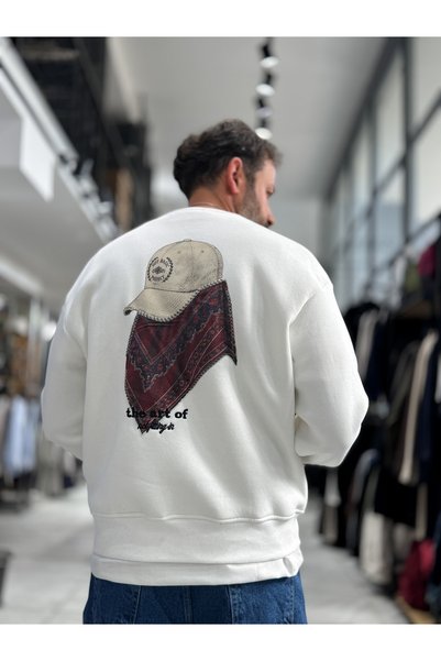 BYBASICMAN Beyaz Şapka Baskılı Oversize Sweatshirt RES-5021