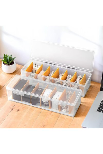 Generic 2 Pack Transparent Cable Organizer Box with Lid, Adjustable Dividers,...