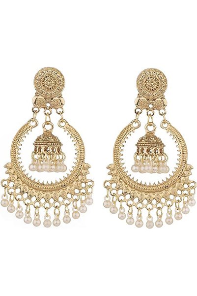 Generic Pearl Tassel Dangle Earrings for Women 1 Pair, Gold Boho Hollow Circl...