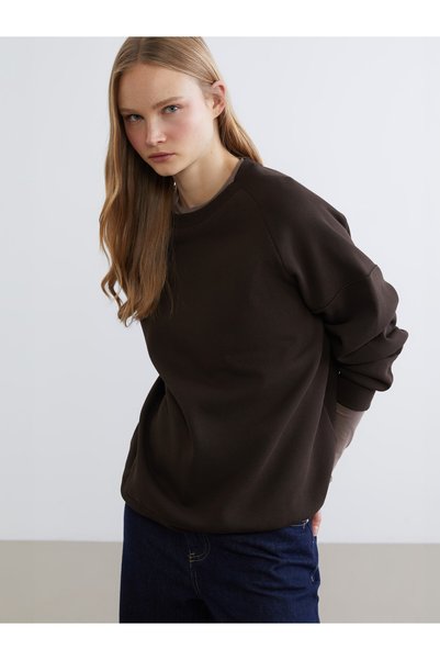 LC Waikiki Two Mt Shop Quality Xside Brown Oval Collar Women's Thick Sweatshirt