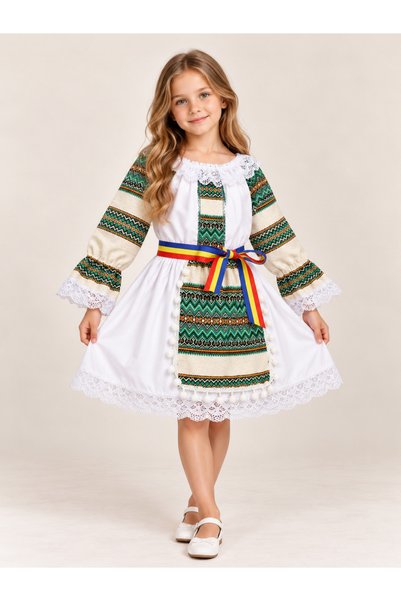 GoVo Kids Costum Popular Fete, Romanesc, 4 Piese, ie, fusta, fota si brau, Al...