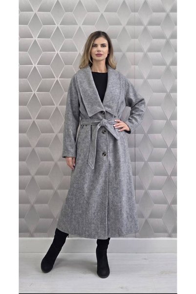 GLAMSI Palton elegant Tatiana, lung, cu guler lat, centură și croi relaxat - ...