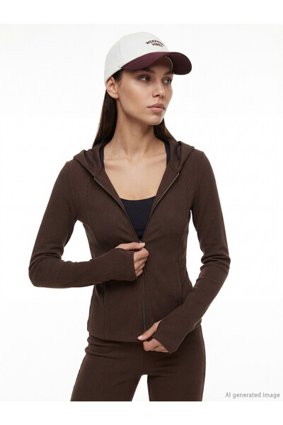 LC Waikiki Koor Sport Brown Plain Women's Zippered Sweatshirt with Nevavm Dif...