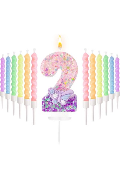 Generic Number 2 Birthday Candles with Purple Butterfly & 12Pcs Rainbow Macar...