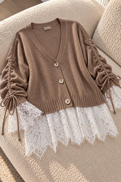 İmajButik Dark Taupe Color Knitted Cardigan with Lace-Trimmed Sleeves and Ruc...