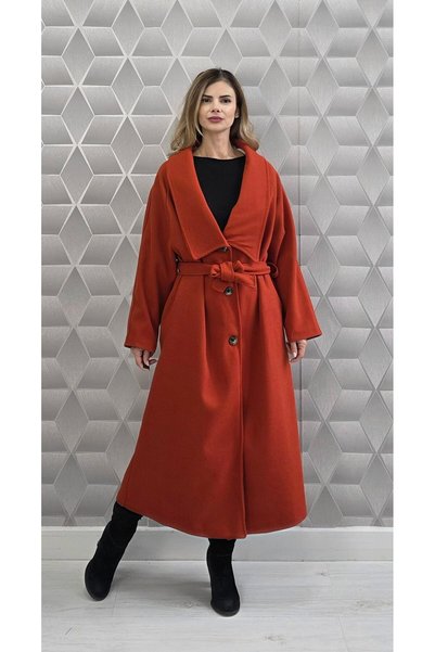 GLAMSI Palton elegant Tatiana, lung, cu guler lat, centură și croi relaxat - ...