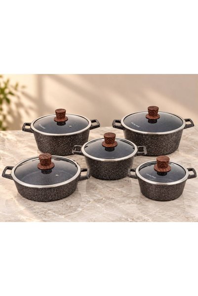 aljahwari 10-Piece Granite Pot Set with Glass Lid and Iron Handle