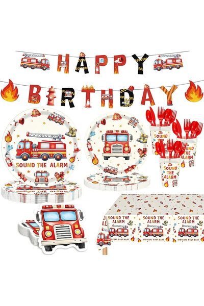 Generic Firetruck Birthday Decorations, Fire Safety Themed Children's Tablewa...