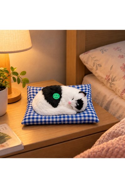 HEDİYE FİKRİ Plush Cat Toy That Sleeps and Meows, with a Pillow—Realistic Cat