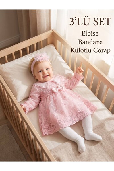Bebila Baby Girl Baby Christening Dress 3-Piece Set with Bandana, Tights, and...
