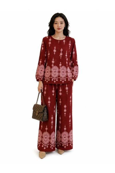 Generic Women Elegant Printed Pajama Set One Size, Round Neck Long Sleeve Loo...