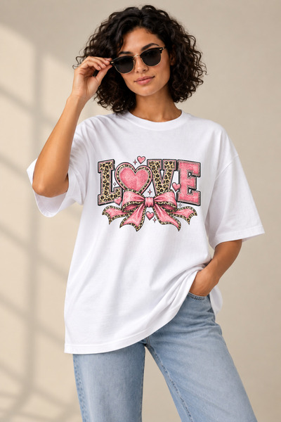 Kadın Oversize Love Baskılı Tişört - Yazılı Bol Kesim Bisiklet Yaka Pamuklu T-shirt