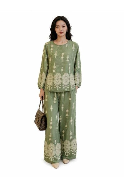 Generic Women Vintage Ethnic Print Pajama Set One Size, Long Sleeve Top and W...