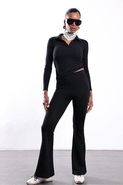 5in1Canpolat Black Elasticated Hem Flared Pants 2511