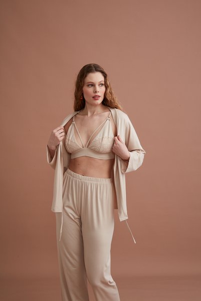 QKK Kadın Viskon 3'lü Sabahlıklı Pijama Takımı