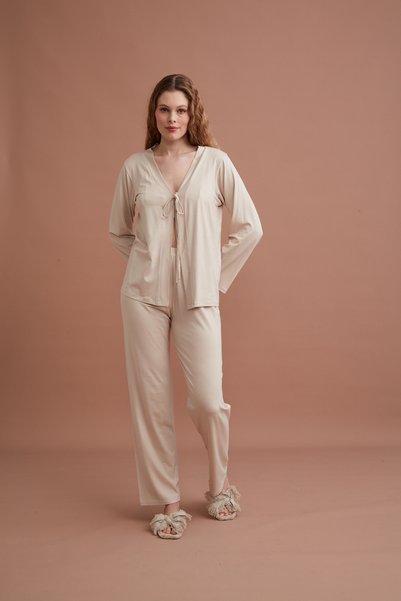QKK Kadın Viskon 3'lü Sabahlıklı Pijama Takımı