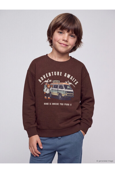 LC Waikiki Lcw Kids Brown 3-Thread Brushed Printed Boys' Sweatshirt with Neva...
