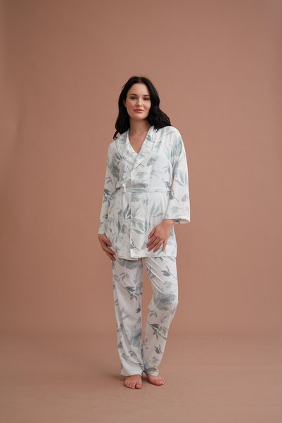 QKK Set de pijamale din satin pentru femei, cu halat, format din 3 piese