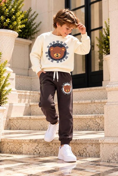 WİKİBOOM Boys' Three-Thread Brushed Inside Teddy Bear Print Sweatsuit Set (Ag...