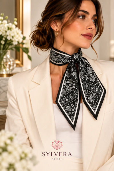 Sylvera Shop Multipurpose Scarf-Patterned Tie (Black & White)