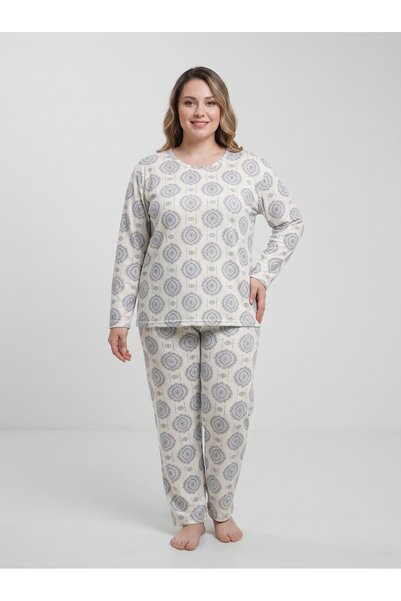 Kadın Büyük Beden Ekru Mandala Desenli Uzun Kollu Pamuklu Pijama Takımı