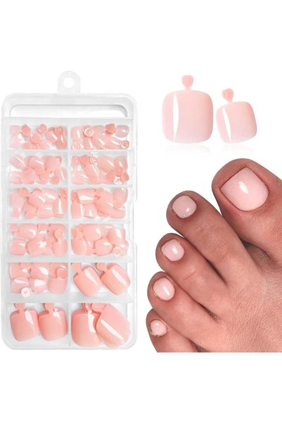 SYOSI 120 Pcs Nude Pink Press On Toenails Kit, Short Square Soft Gel False To...