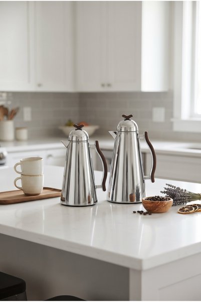 Generic طقم ترامس شاي و قهوة استيل 1 + 0.7 لتر فضي لامع/ بمقابض خشبي بتصميم ف...