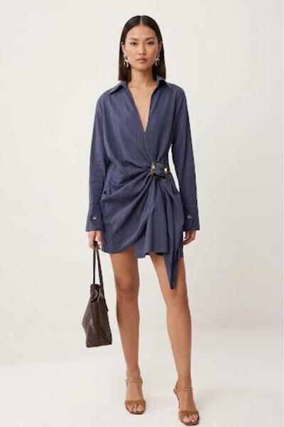 casa di sole Double-Breasted Shirt Dress with Buckle Detail - Navy Blue