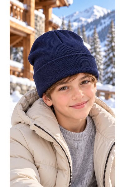 MARBERRY Navy Blue Soft-Textured Knit Boy's Beanie, Ages 7–12