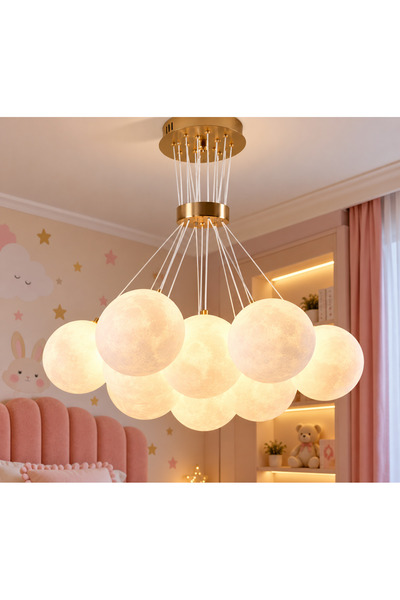 Led Lustră Suspendată Moon Light cu 9 Globuri Luminoase – Auriu, Becuri Incluse