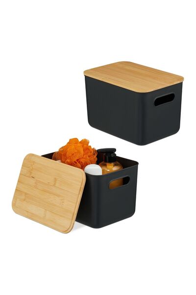 Relaxdays Set de 2 cutii de depozitare, din plastic și bambus, maro deschis-n...