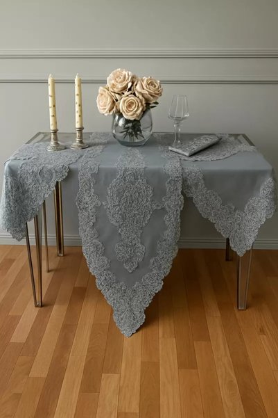 Ceki Home Living Room Set Angelika Model Silvery Gray 5 Piece Linen Lace Tabl...