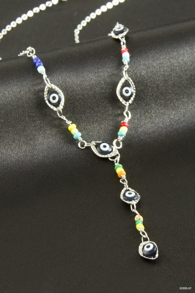 ZERO LAND SVL-SHOP Nazar Gemstone Y-Shaped Necklace (212116) Silver Color