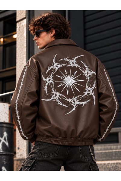 Chirkef Men's Brown Oversized Leather Jacket with Back and Sleeve Prints - BIKER